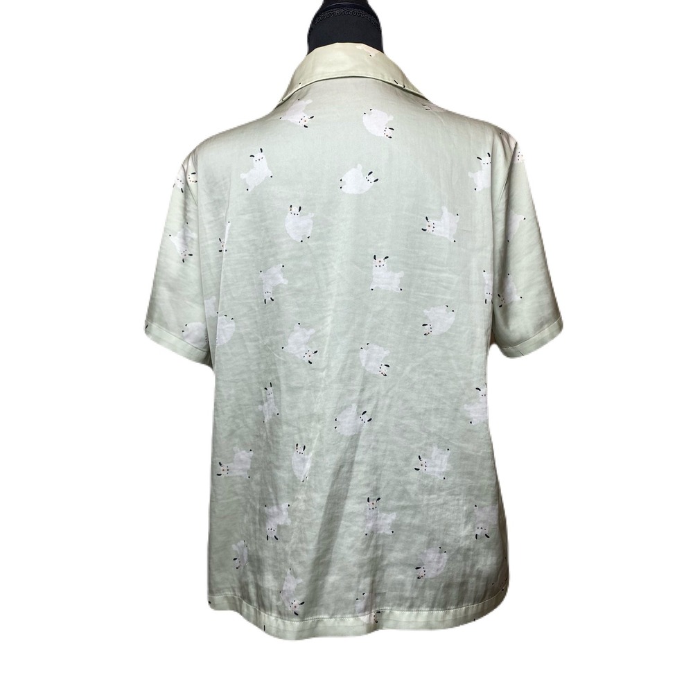 Ubras Womens Sage Green Llama Print Satin Pajama Top Short Sleeve Button Up M - Picture 3 of 6